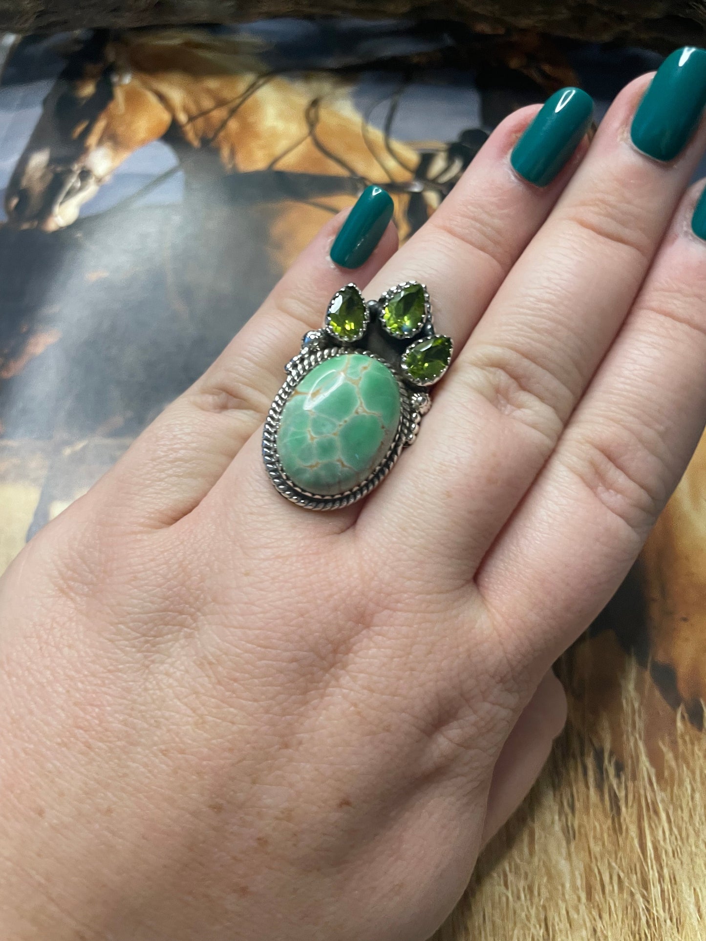 Handmade Variscite & Peridot Adjustable Ring