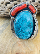 Load image into Gallery viewer, Incredible Navajo Handmade Bisbee Turquoise, Coral &amp; Sterling Silver Jumbo Cuff Bracelet