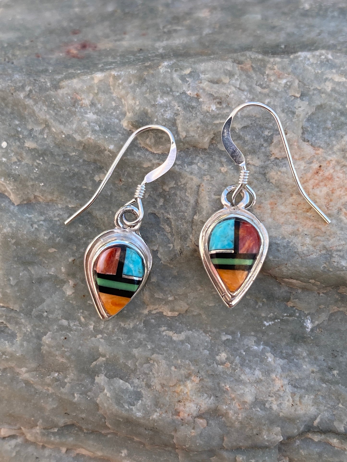 Navajo Turquoise Orange Spiny Drop Dangle Earrings